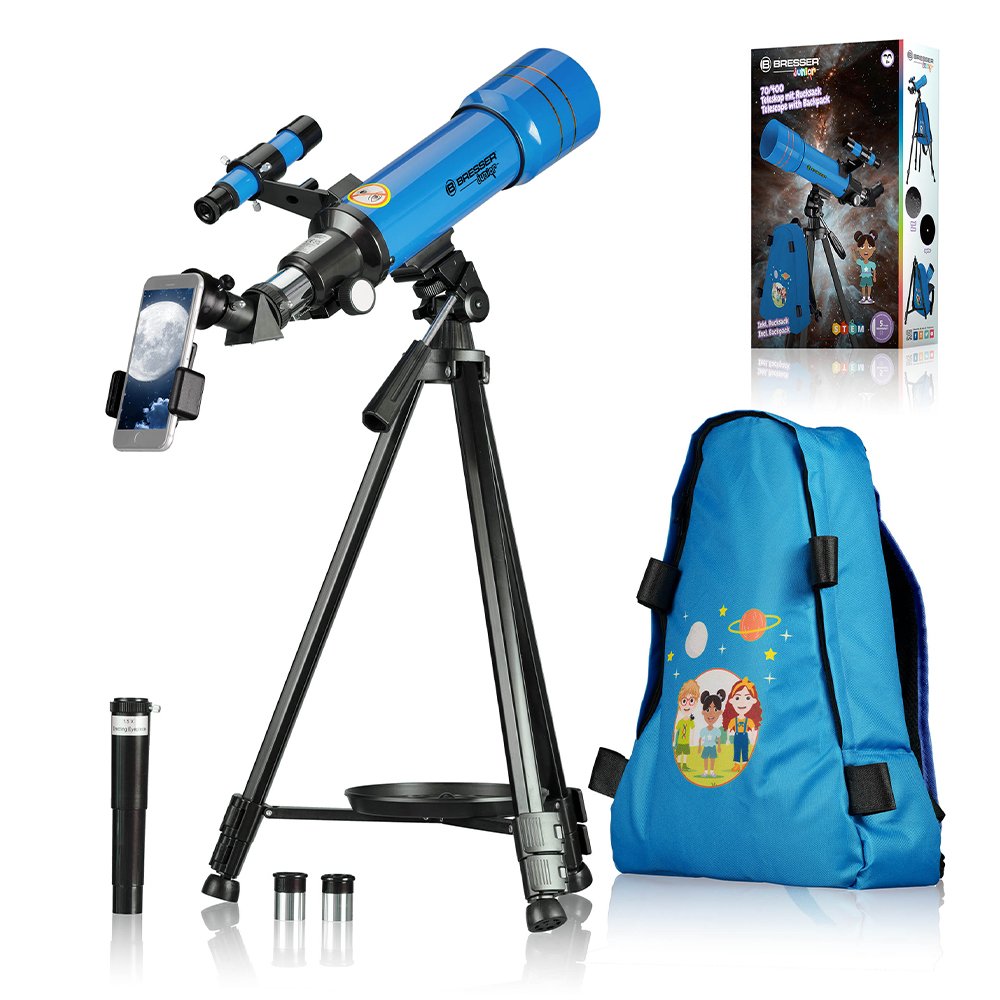 Set Telescop Refractor Pentru Copii 70/400 Si Rucsac Bresser Junior, Albastru