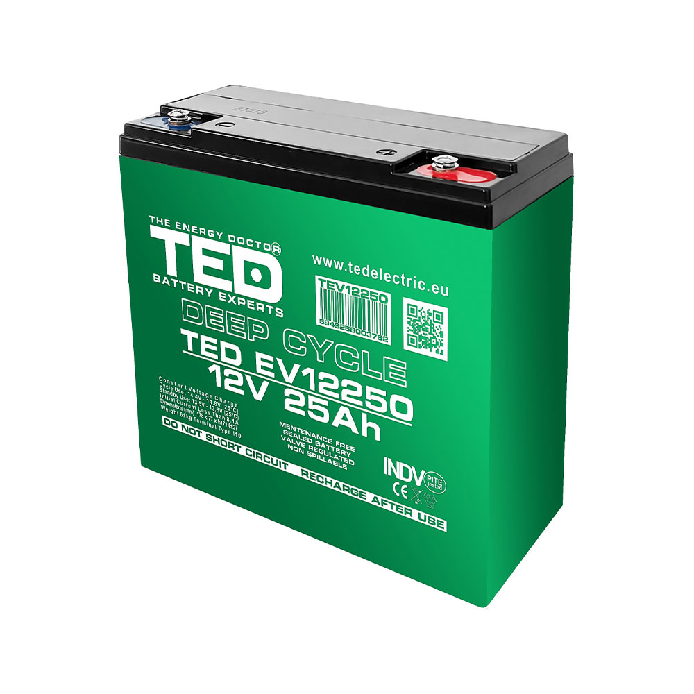 Acumulator AGM TED Deep Cycle pentru vehicule electrice TED003782, 12 V, 25 A Acumulator imagine noua idaho.ro