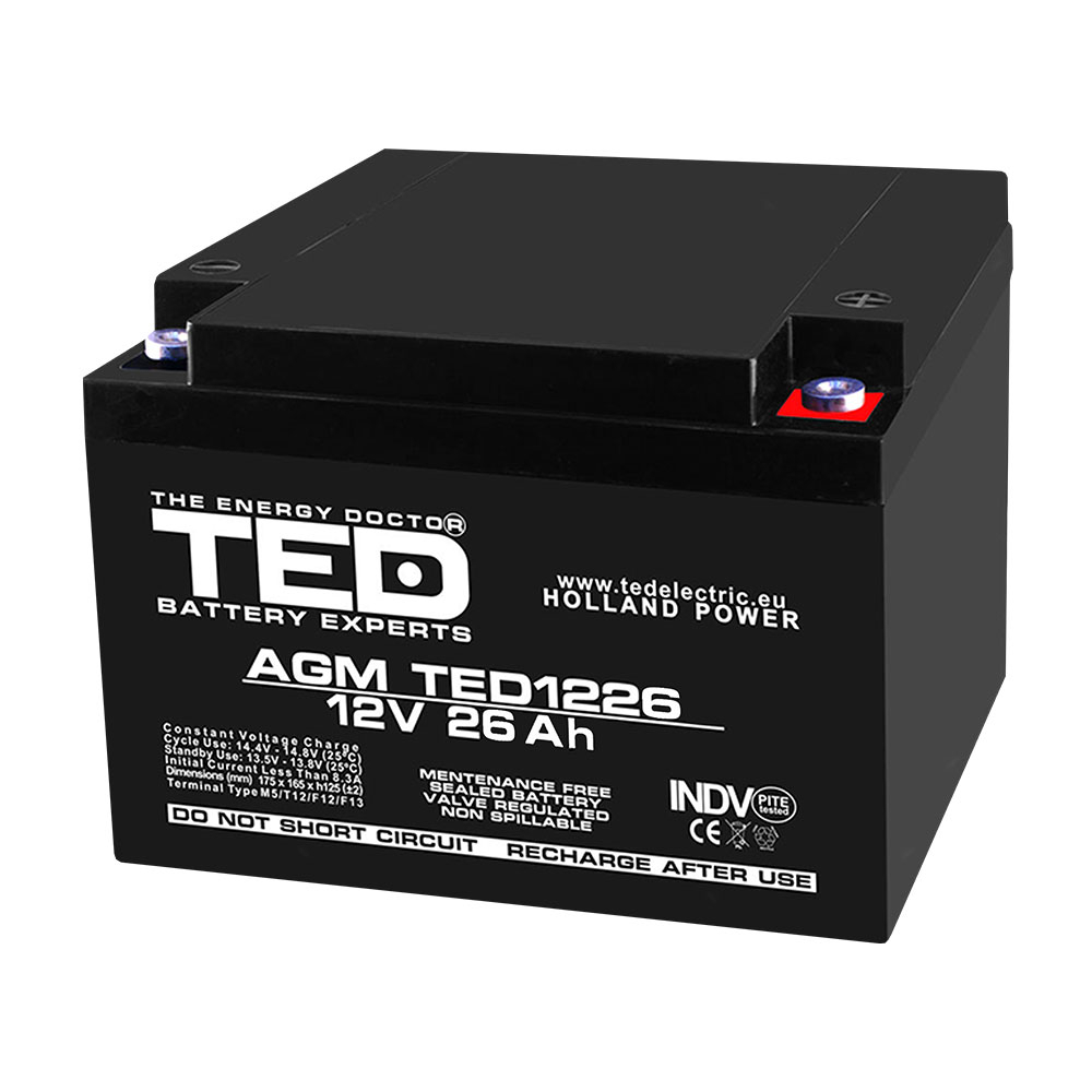 Acumulator TED AGM VRLA A0114133, 26 Ah, 12 V, M5 spy-shop.ro