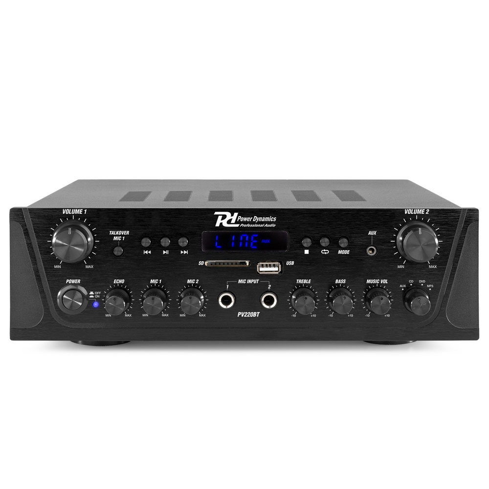 Amplificator audio profesional cu 2 canale Power Dynamics PV220BT 953.030, USB/SD, Bluetooth, MP3, 2x50W RMS, 8 ohm la reducere (USB/SD)