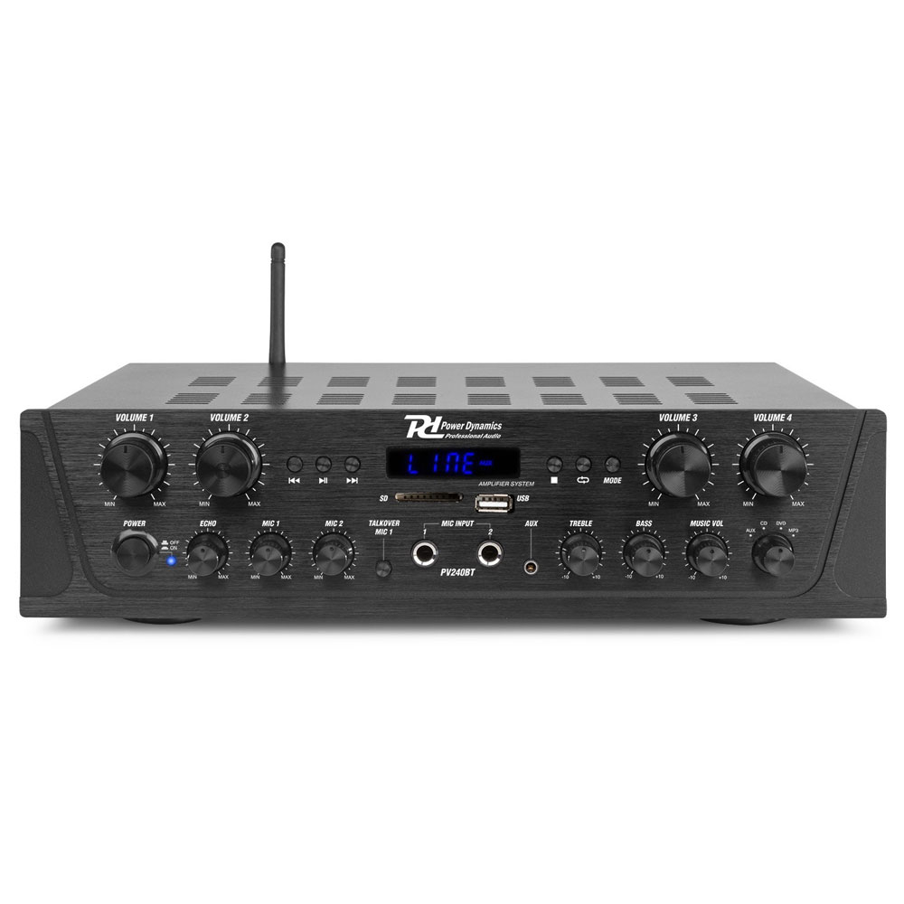 Amplificator audio profesional cu 4 canale Power Dinamics PV240BT 953.032, USB/SD, Bluetooth, 200W RMS, 8 ohm (USB/SD)