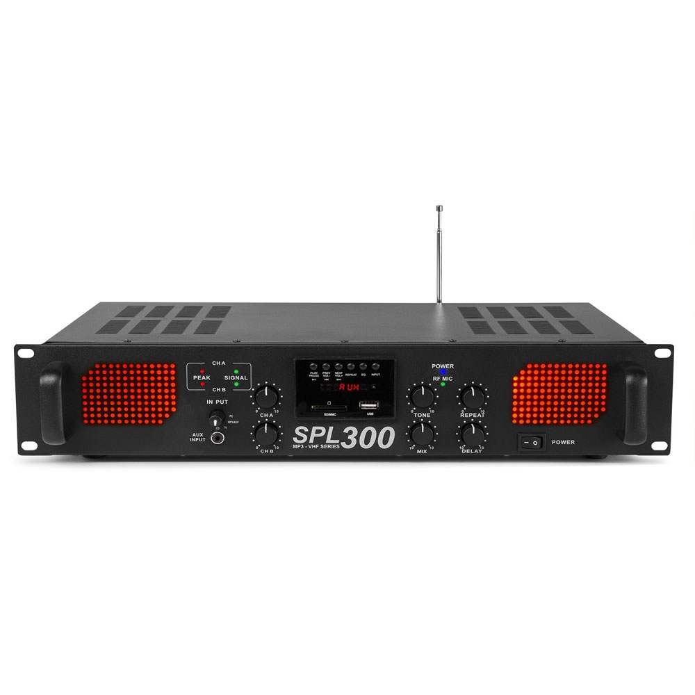 Amplificator audio profesional Skytec SPL300VHFMP3 175.560, USB/SD, 150W RMS, 4 Ohm la reducere (150W)
