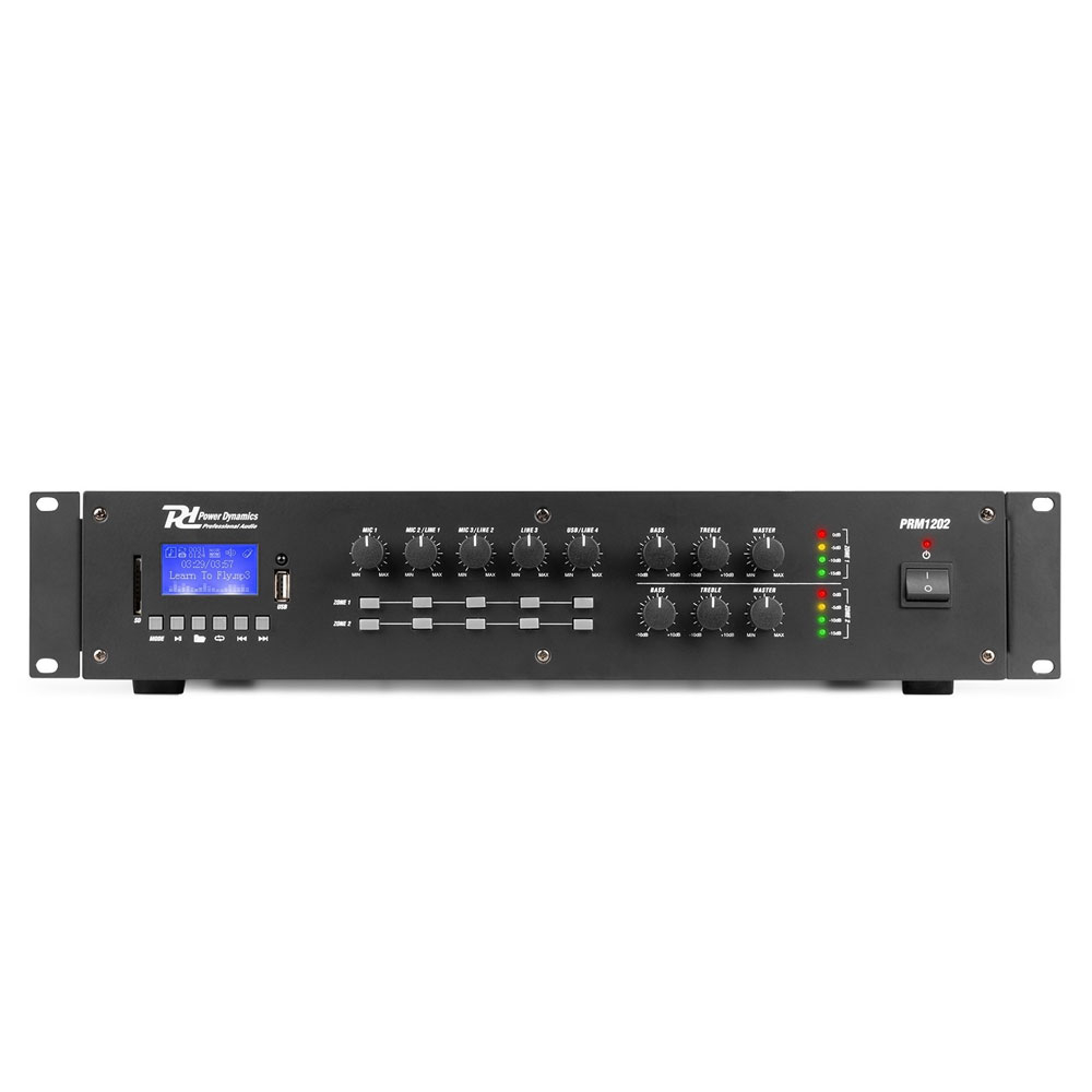 Amplificator matrix cu 2 zone Power Dynamics PRM1202 952.160, USB/SD, Bluetooth, MP3, 2x120W RMS, 100V/8ohm (USB/SD)