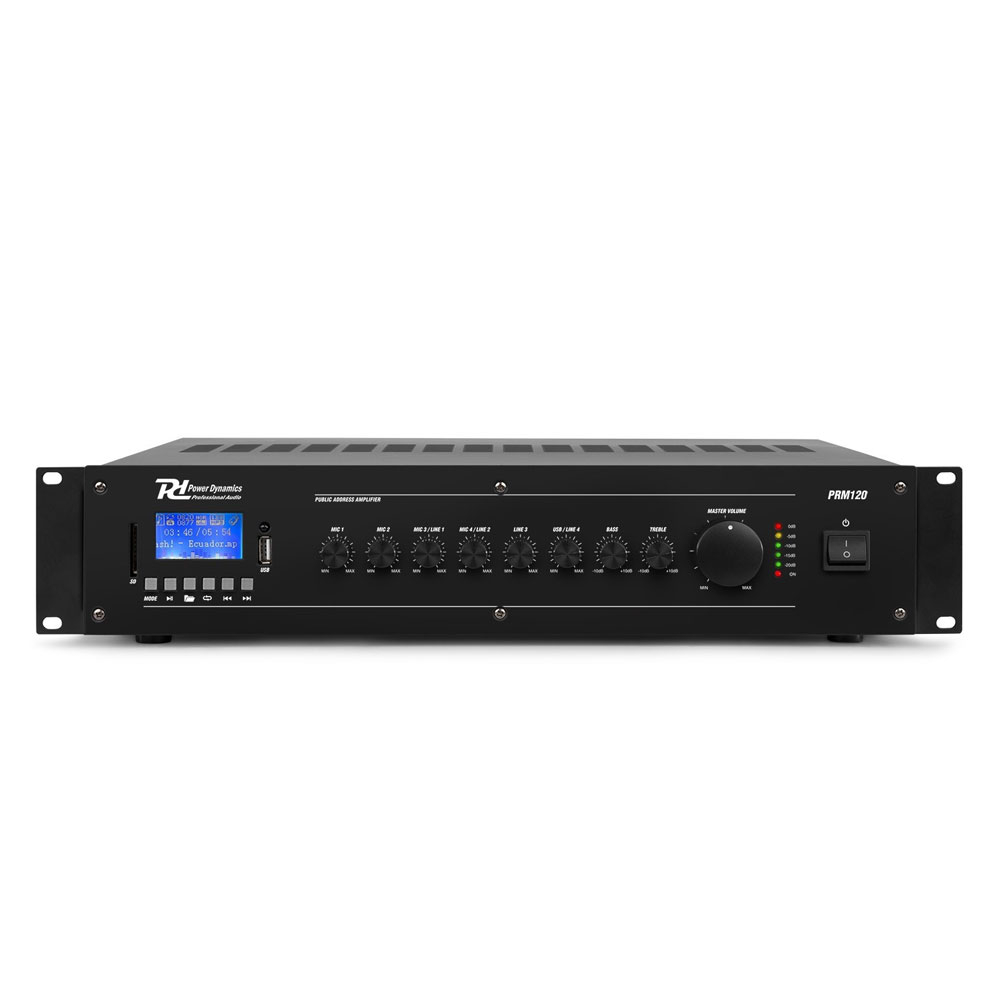Amplificator mixer cu 6 canale Power Dynamics PRM120 952.152, USB/SD, Bluetooth, MP3, 120W RMS, 100V/8 ohm la reducere Power Dynamics