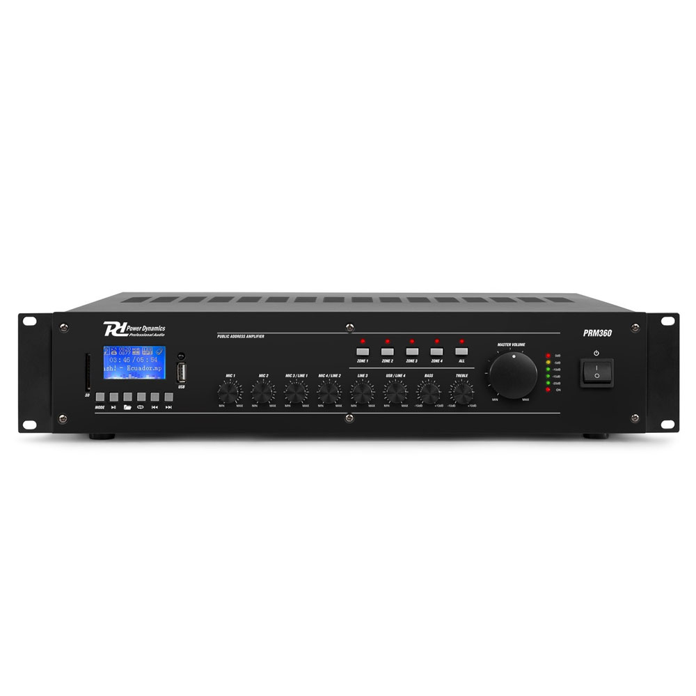 Amplificator mixer cu 6 canale si 4 zone Power Dynamics PRM240 952.154, USB/SD, Bluetooth, 240W RMS, 100V/8ohm la reducere Power Dynamics