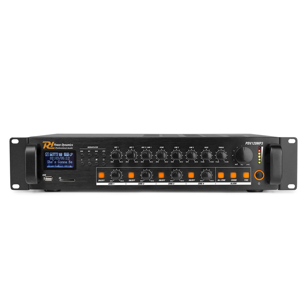 Amplificator mixer pe 4 zone Power Dynamics PDV120 952.068, USB/SD, Bluetooth, MP3, 120W RMS, 100V/8ohm Power Dynamics