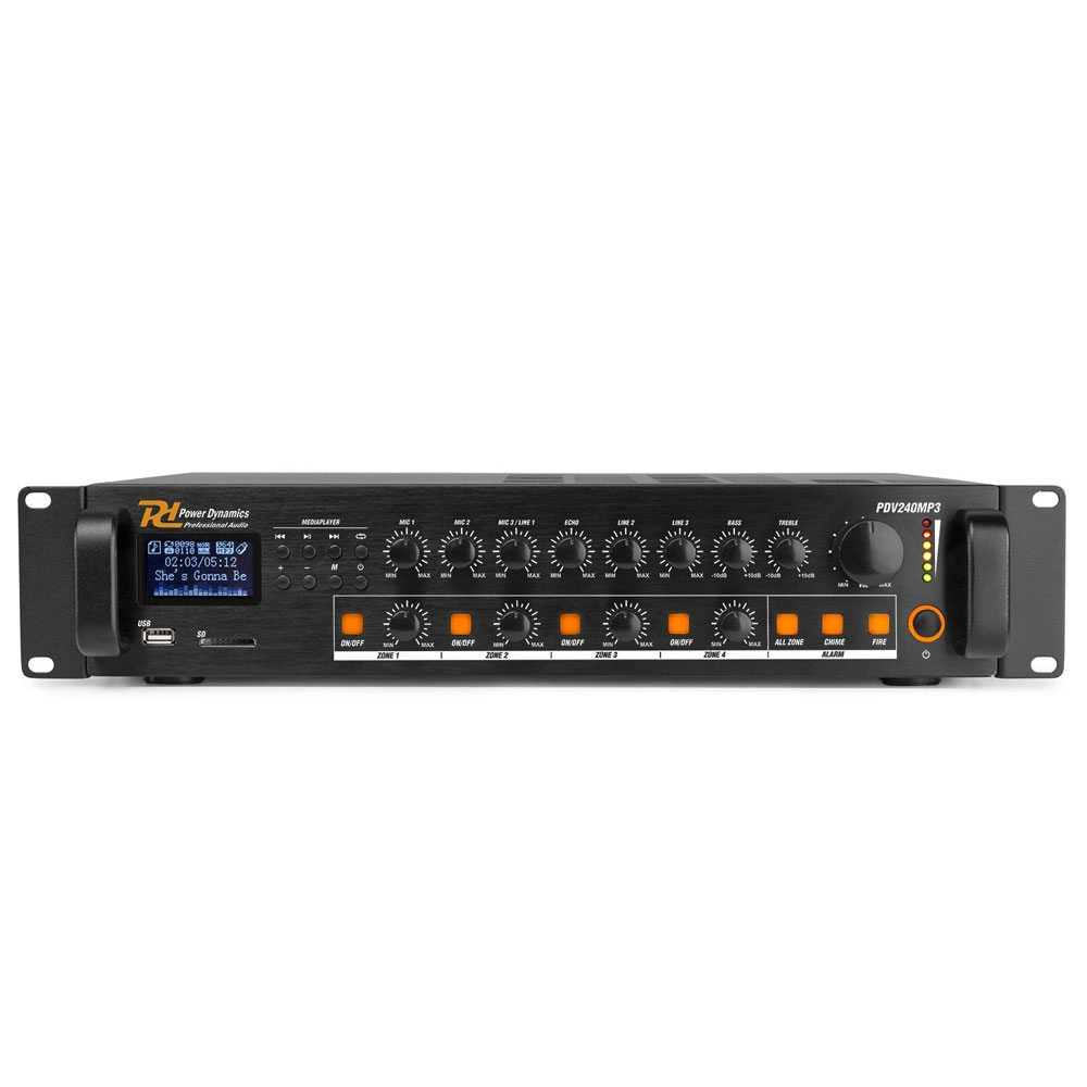 Amplificator mixer pe 4 zone Power Dynamics PDV240 952.071, USB/SD, Bluetooth, MP3, 240W RMS, 100V/8ohm