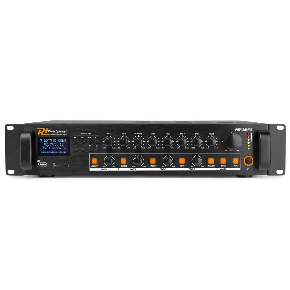 Amplificator mixer pe 4 zone Power Dynamics PDV360 952.073, USB/SD, Bluetooth, MP3, 360W RMS, 100V/8ohm la reducere (USB/SD)