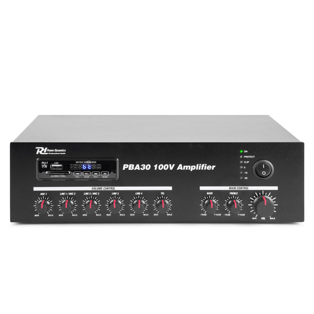 Amplificator sonorizari linie Power Dynamics PBA30 952.090, USB/SD, Bluetooth, MP3, RMS 30W, 100V/8ohm (USB/SD) imagine noua