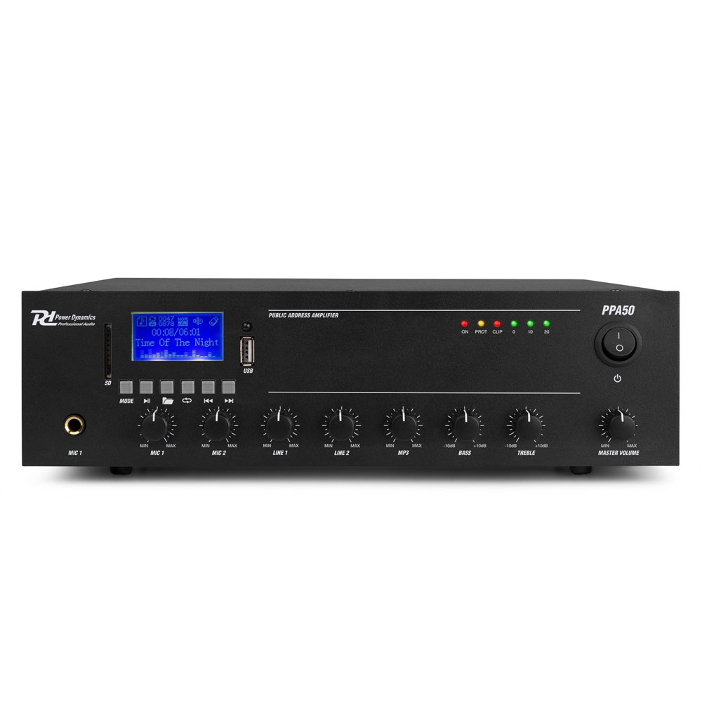 Amplificator sonorizari Power Dybamics PPA50 952.082, USB/SD, Bluetooth, MP3, 50W RMS, 100V/70V/8 ohm la reducere (USB/SD)