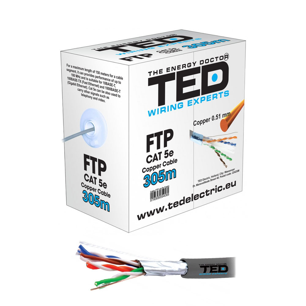 Cablu FTP Cupru integral TED A0112151, cat.5e, 4x2x0.52xAWG24, izolat, Fluke Pass, rola 305 m 305 imagine noua