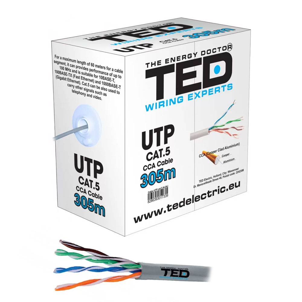 Cablu UTP Cat.5e aluminiu cuprat TED DZ085417, 4x2x0.5, izolat, rola 305 m 305