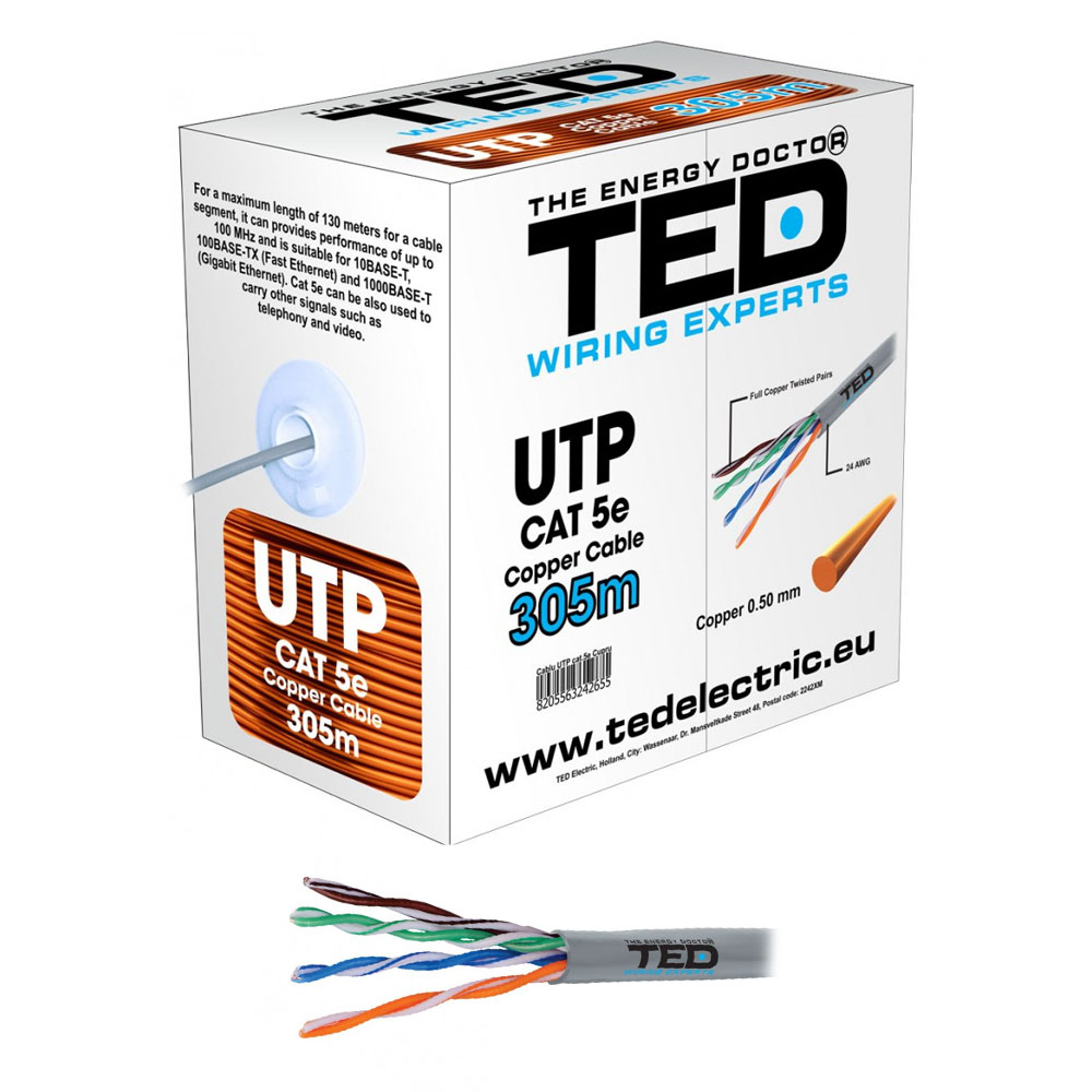 Cablu UTP Cat.5e cupru TED A0061113, 4x2x0.5xAWG24, izolat, rola 305 m spy-shop