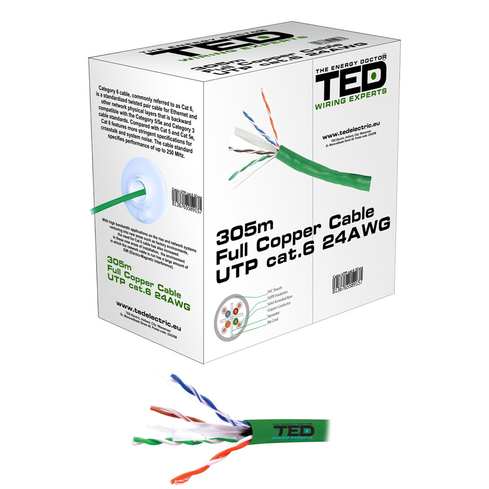 Cablu UTP Cat.6 cupru TED A0057585, 4x2x0.51xAWG24, izolat, rola 305 m la reducere 305