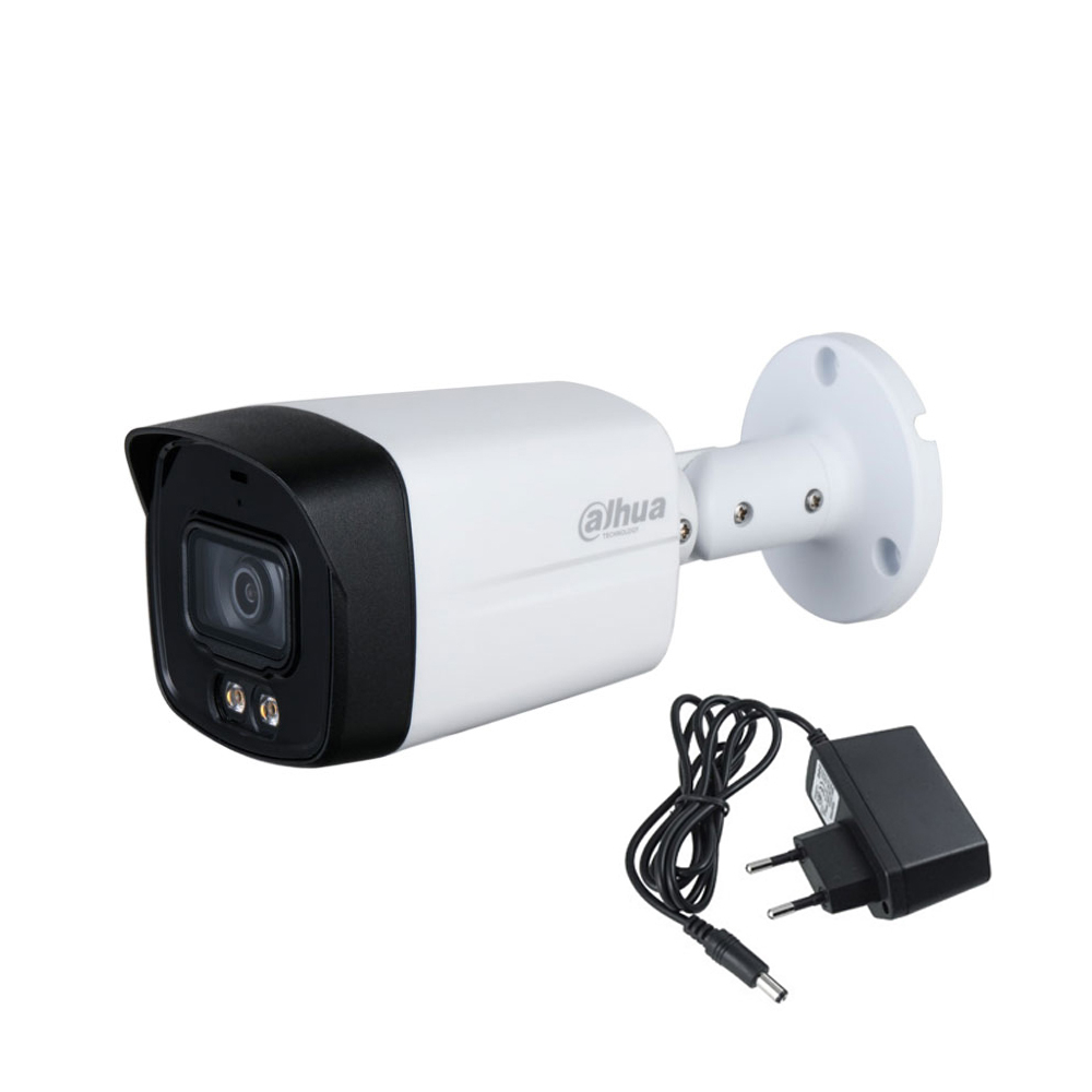 Camera supraveghere de exterior Dahua Starlight Full Color HAC-HFW1509TLM-A-LED, 5 MP, lumina alba 40 m, 3.6 mm, microfon + alimentator cadou 3.6 imagine noua