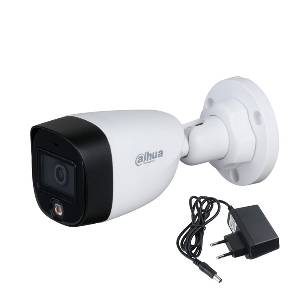 Camera supraveghere exterior Dahua Full Color HAC-HFW1209CP-LED, 2 MP, lumina alba 20 m, 2.8 mm + alimentator cadou Dahua