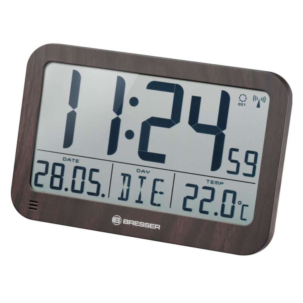 Ceas de perete Bresser Jumbo LCD 7001802, termometru, alarma, maro 7001802 imagine noua