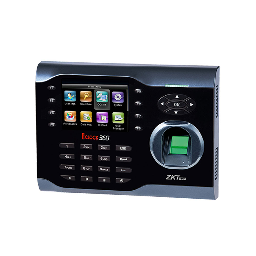 Controler de acces IP biometric ZKTeco TA-ICLOCK-360ZMM-1, ecran 3.5 inch, parola, 10.000 carduri, 8.000 amprente, 200.000 evenimente 10.000 imagine noua
