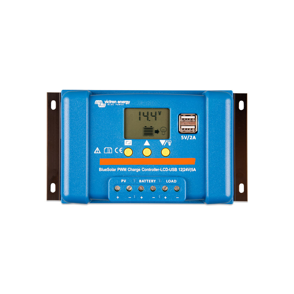 Controler pentru incarcare acumulatori sisteme fotovoltaice PWM Victron BlueSolar SCC010005050, 12/24 V, 5A, LCD, 2x USB 12-24