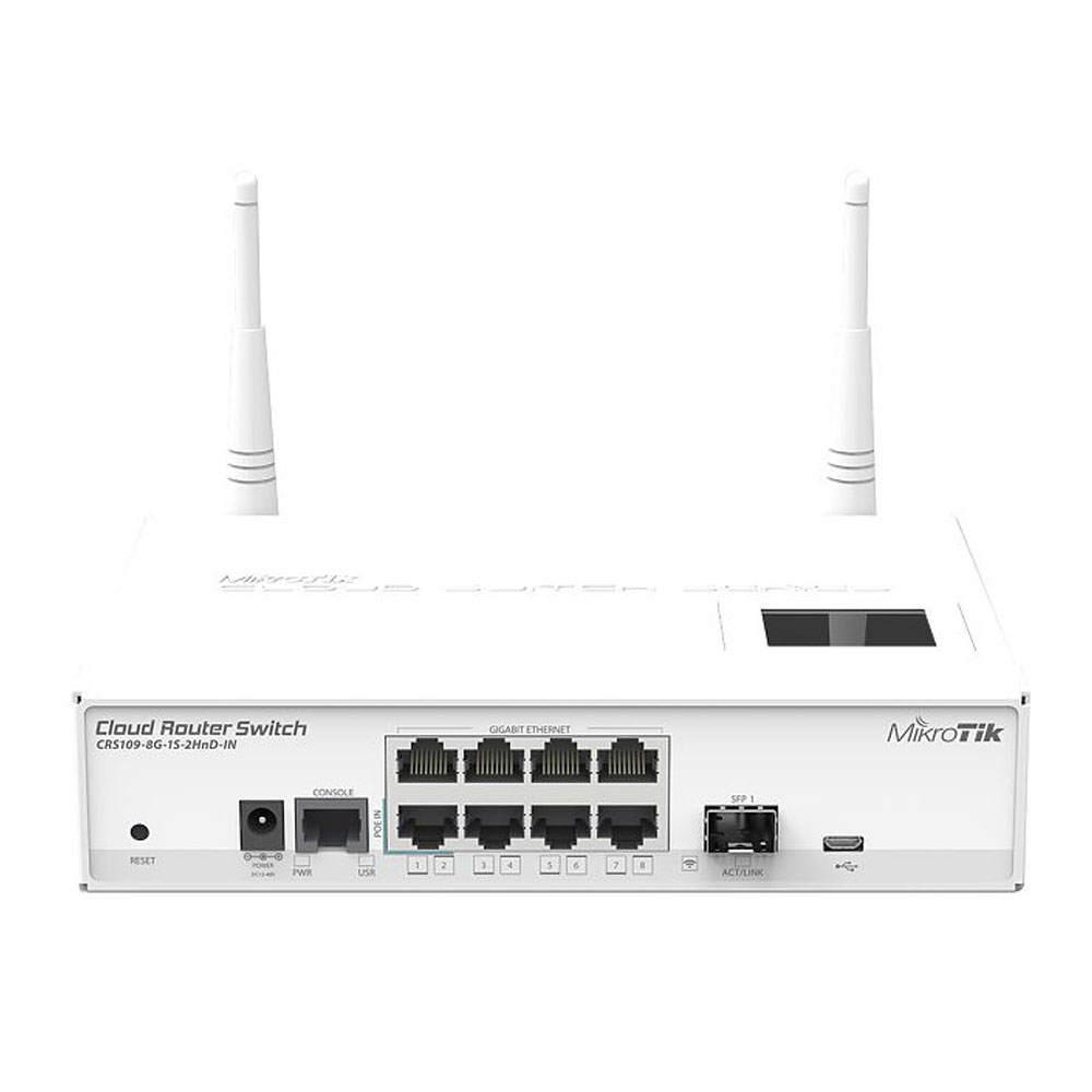Switch wireless cu 8 porturi Gigabit MikroTik Cloud Router CRS109-8G-1S-2HND-IN, cu management, port SFP, 2.4 GHz, 300 Mbps, PoE 2.4 imagine noua idaho.ro