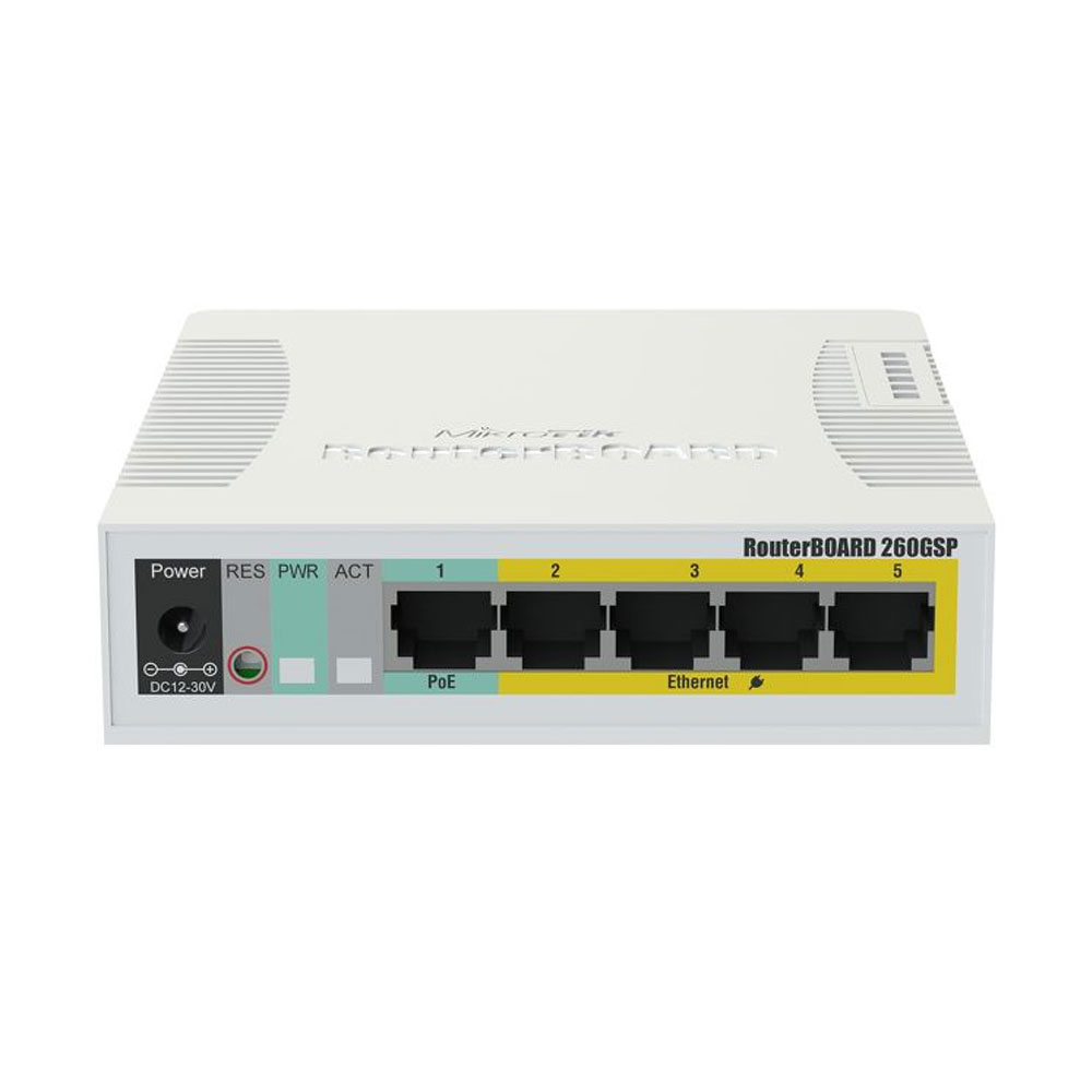 Switch cu 5 porturi Gigabit MikroTik CSS106-1G-4P-1S, port SFP, cu management, PoE pasiv MikroTik