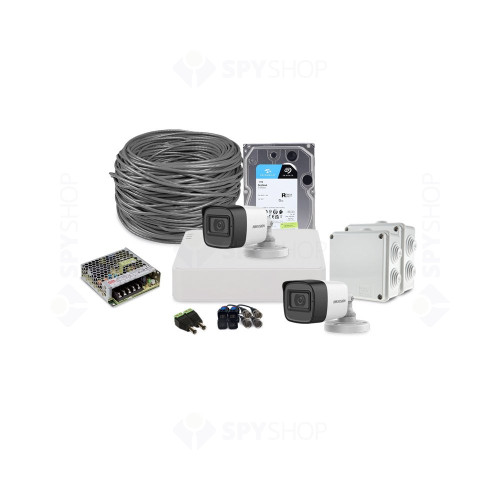 Sistem supraveghere exterior complet HikVision, 2 camere, 2 MP, IR 30 m, 2.8 mm, microfon, HDD 1 TB
