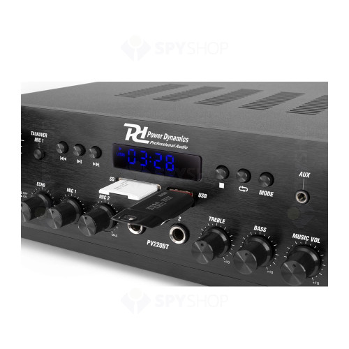 Amplificator audio profesional cu 2 canale Power Dynamics PV220BT 953.030, USB/SD, Bluetooth, MP3, 2x50W RMS, 8 ohm