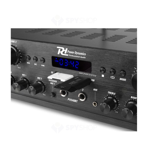 Amplificator audio profesional cu 4 canale Power Dinamics PV240BT 953.032, USB/SD, Bluetooth, 200W RMS, 8 ohm