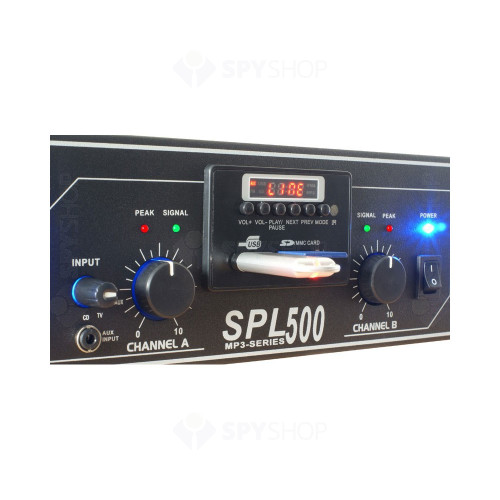 Amplificator profesional cu 2 canale Skytec SPL500MP3 178.766, USB/SD, 250W RMS, 4 ohm