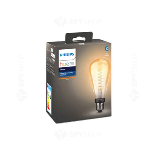 Bec LED inteligent vintage Philips Hue Filament Edison ST72, Dimabil, Bluetooth/Wireless, E27, 7W, 550 lm, 2100K