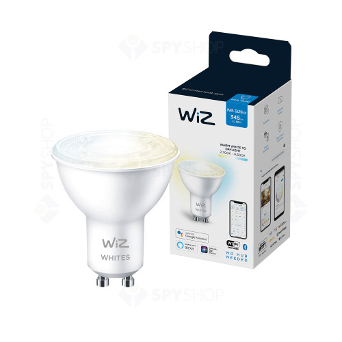 Bec LED smart Philips WiZ Whites PAR16,  4.9 W, GU10, 345 lm, 2700K-6500K, 15000 ore, WiFi, Bluetooth