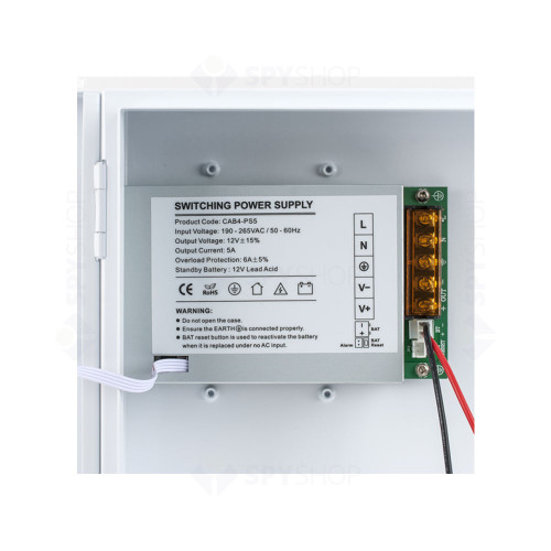 Cabinet multifunctional pentru centrale de control acces ZKTeco CAB4-PS5-WH, 12 - 14.1 Vcc, 5 A, backup, alb