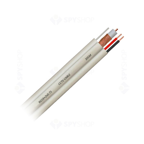 Cablu coaxial RG59 + alimentare 2 x 0.75 cu sufa, cupru, pret / rola 305 m