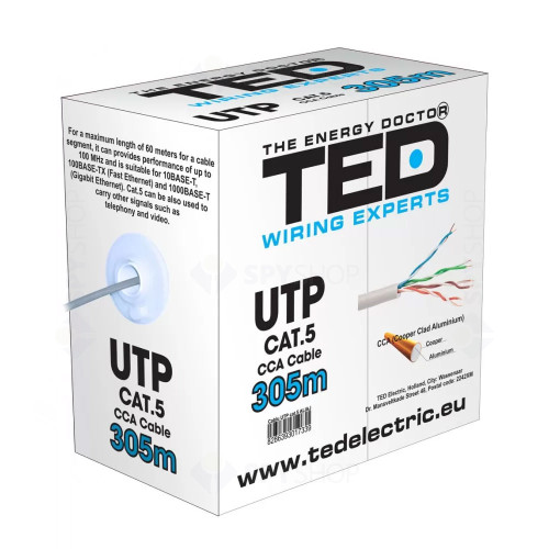 Cablu UTP Cat.5e aluminiu cuprat TED 002488, 4x2x0.5, izolat, rola 305 m