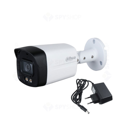 Camera supraveghere de exterior Dahua Starlight Full Color HAC-HFW1509TLM-A-LED, 5 MP, lumina alba 40 m, 3.6 mm, microfon + alimentator cadou