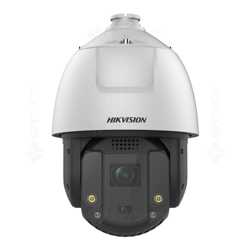  Camera supraveghere IP PTZ Speed Dome cu lentila duala Hikvision Acusense DS-2DE7S425MW-AEB5, 4 MP, IR 200 m, lumina alba 30 m, 4 mm / 4.5 - 112.5 mm, motorizat, 25x, slot card, PoE