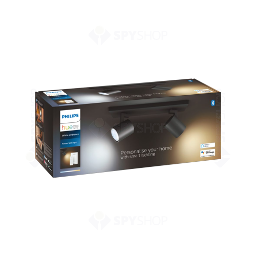 Corp de iluminat smart cu 2 spoturi Philips Hue Runner cu intrerupator Hue Dimmer, 2x5 W, GU10, 700 lm, 15000 ore, 2200K-6500K, Bluetooth