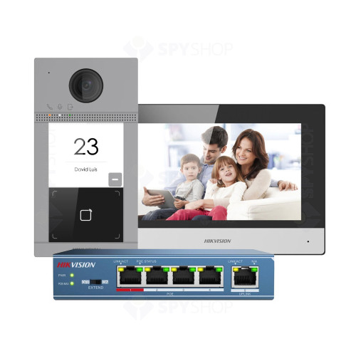 Kit videointerfon WiFi Hikvison DS-KIS604-S, 2 MP, 7 inch, Mifare, 2.4 GHz, 1 familie, aparent/ingropat