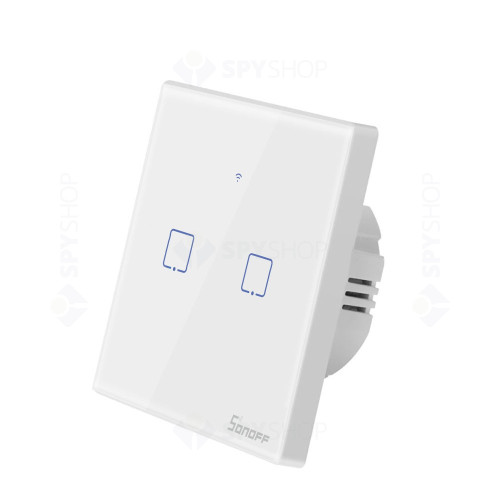 Intrerupator touch smart dublu WiFi Sonoff TX T1EU2C, 2.4 GHz, 433 MHz, alb