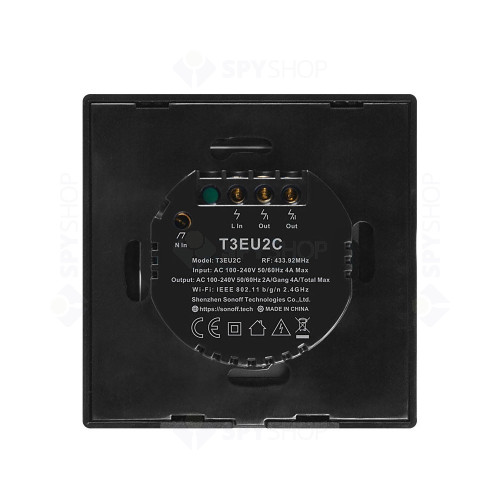Intrerupator touch smart dublu WiFi Sonoff TX T3EU2C, 2.4 GHz, 433 MHz, negru