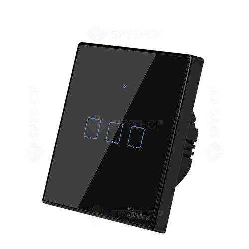 Intrerupator touch smart triplu WiFi Sonoff TX T3EU3C, 2.4 GHz, 433 MHz, negru
