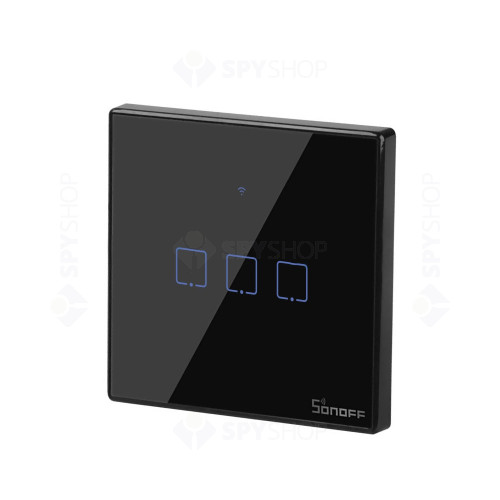 Intrerupator touch smart triplu WiFi Sonoff TX T3EU3C, 2.4 GHz, 433 MHz, negru