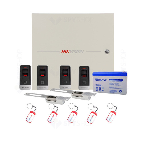 Kit control acces Hikvision KIT-2UBAC, amprenta, cartela, 13.56 MHz, acumulator, doua usi bidirectionale