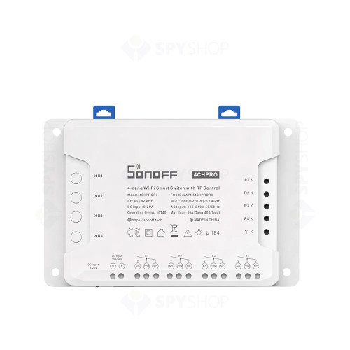 Modul de comanda smart WiFi Sonoff 4CHPROR3, 4 canale, 40A/8800W, 2.4 GHz, 433 MHz, inching/interlock/self-locking