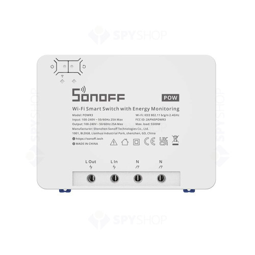 Modul de comanda smart WiFi Sonoff POWR3, 1 canal, 25A/5500W, 2.4 GHz, contor consum