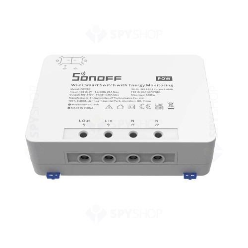 Modul de comanda smart WiFi Sonoff POWR3, 1 canal, 25A/5500W, 2.4 GHz, contor consum