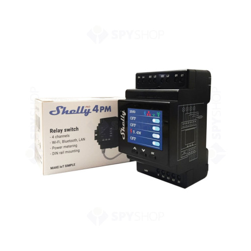 Releu smart WiFi Shelly Pro 4PM, 4 canale, 40 A, 2.4 GHz, contor consum