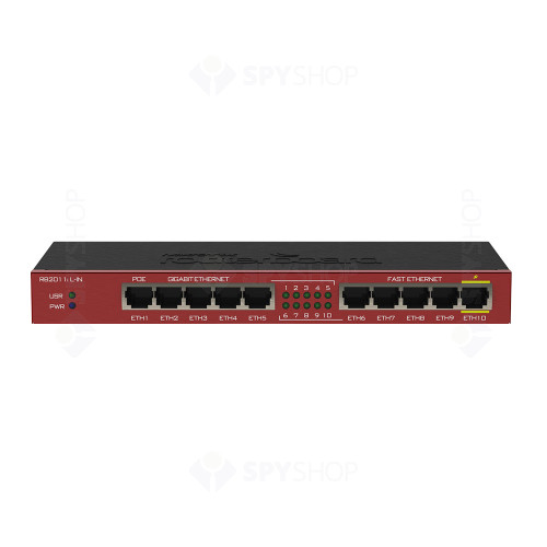 Router Gigabit MikroTik RB2011IL-IN, 5 porturi Gigabit, 5 porturi Fast Ethernet, 10/100/1000 Mbps, PoE