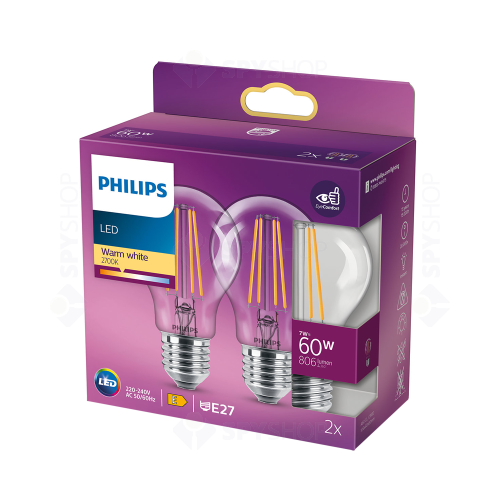 Set 2 becuri LED Philips A60, 7 W, E27, 806 lm, 2700K, 15000 ore