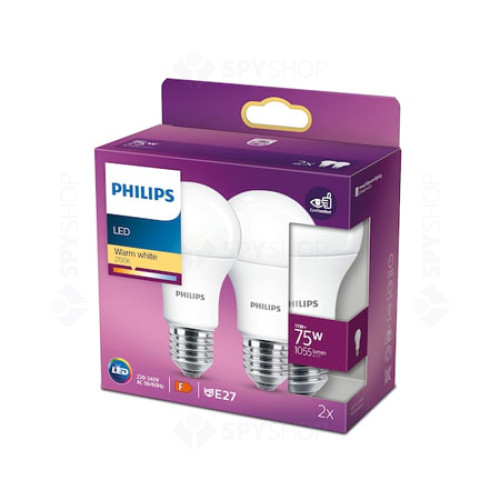 Set 2 becuri LED Philips A60, EyeComfort, E27, 11W, 1055 lm, 2700K